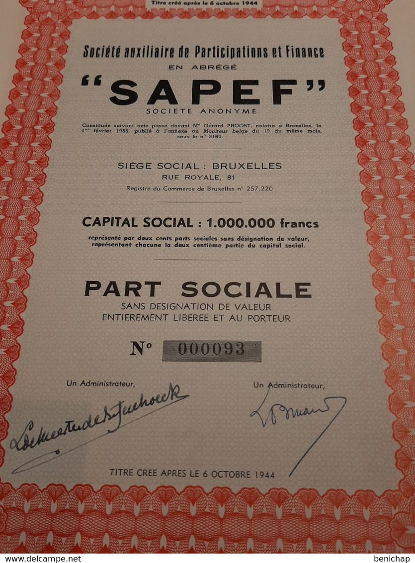 Société Auxiliaire De Participation Et Finance - SAPEF - Part Sociale Sans Désignation De Valeur- Bruxelles Février 1955 - Banque & Assurance