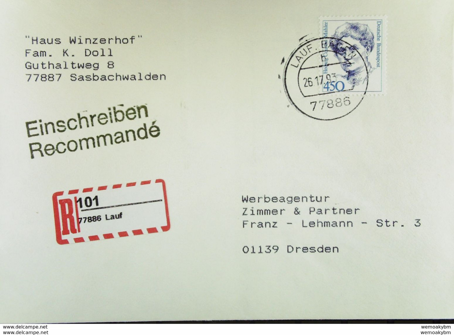 BRD: E-Bf Mit 450 Pf Frauen U Neu Eingeführten R-Zettel Nach Der PLZ-Umst. Auf 5-Steller Aus LAUF (101) 26.7.93 Knr:1614 - Etiquettes 'Recommandé' & 'Valeur Déclarée'