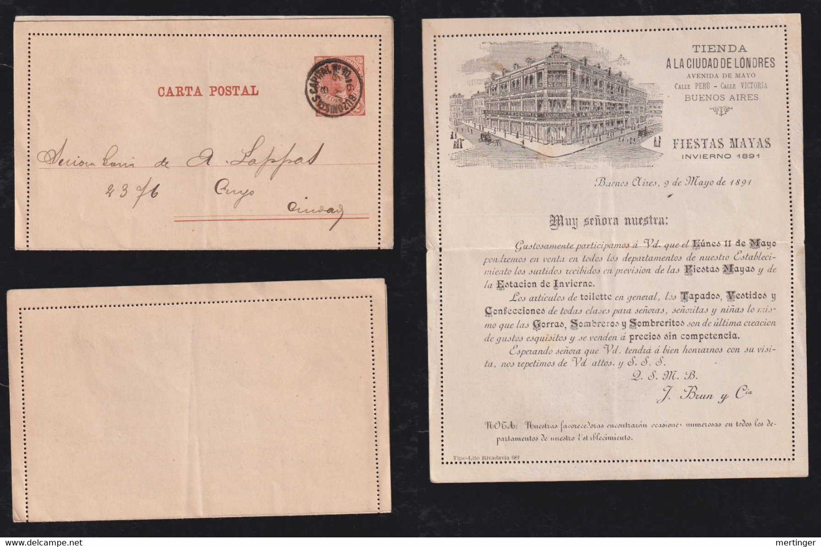 Argentina 1891 Lettercard Stationery 2c Used Private Imprint Tienda A La Cuidad De Londres Buenos Aires - Brieven En Documenten