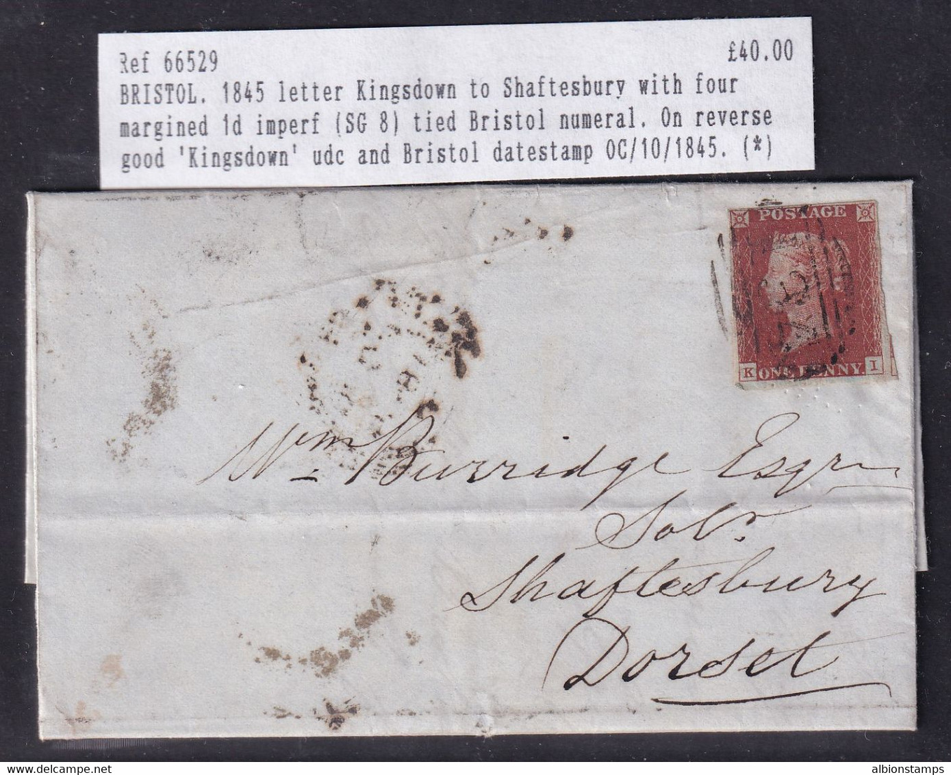 Victoria 1p Imperf (SG 8) On 1845 Letter From Kingsdown To Shaftesbury - Brieven En Documenten