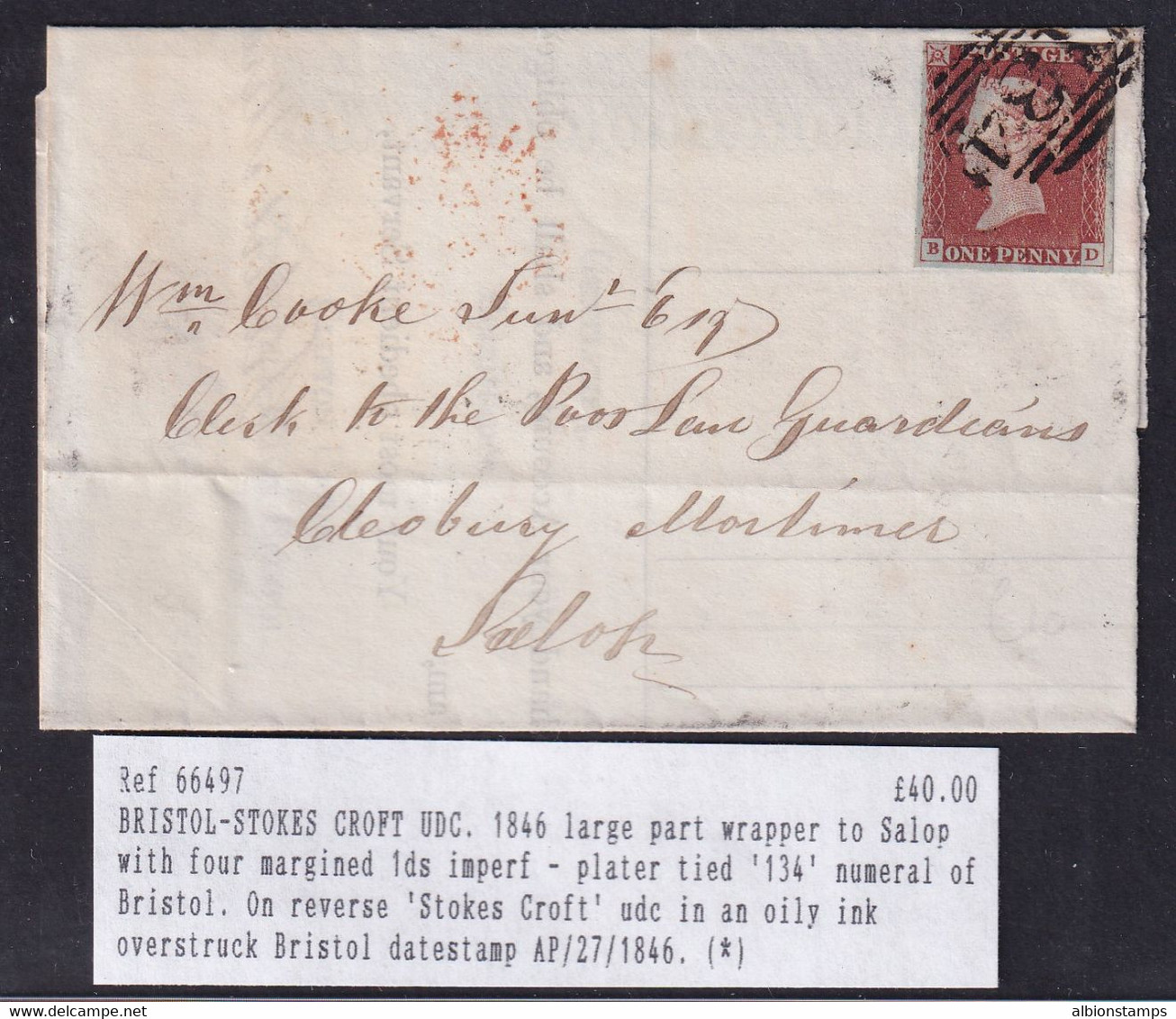 Victoria 1p Imperf 134 Cancel On 1846 Bristol Stokes Croft Wrapper To Salop - Lettres & Documents