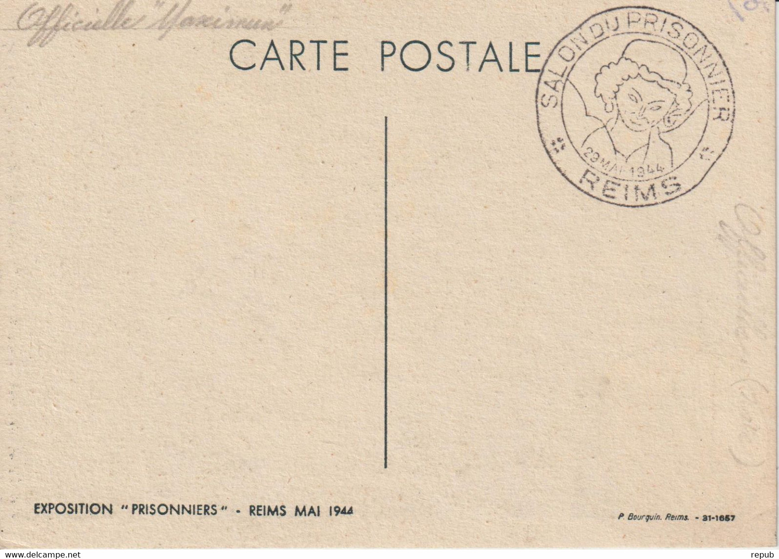 France Carte Maximum Au Profit Des Prisonniers 474 Oblit. Reims 1944 - 1940-1949