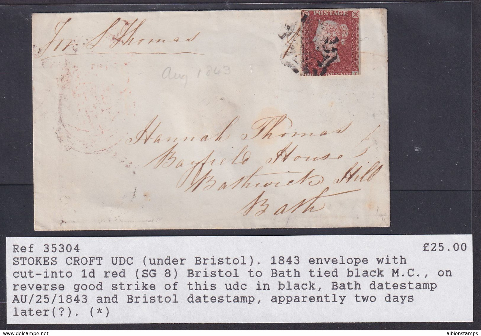 Victoria 1p Imperf (SG 8) Tied By Maltese From Stokes Croft, Bristol To Bath - Lettres & Documents