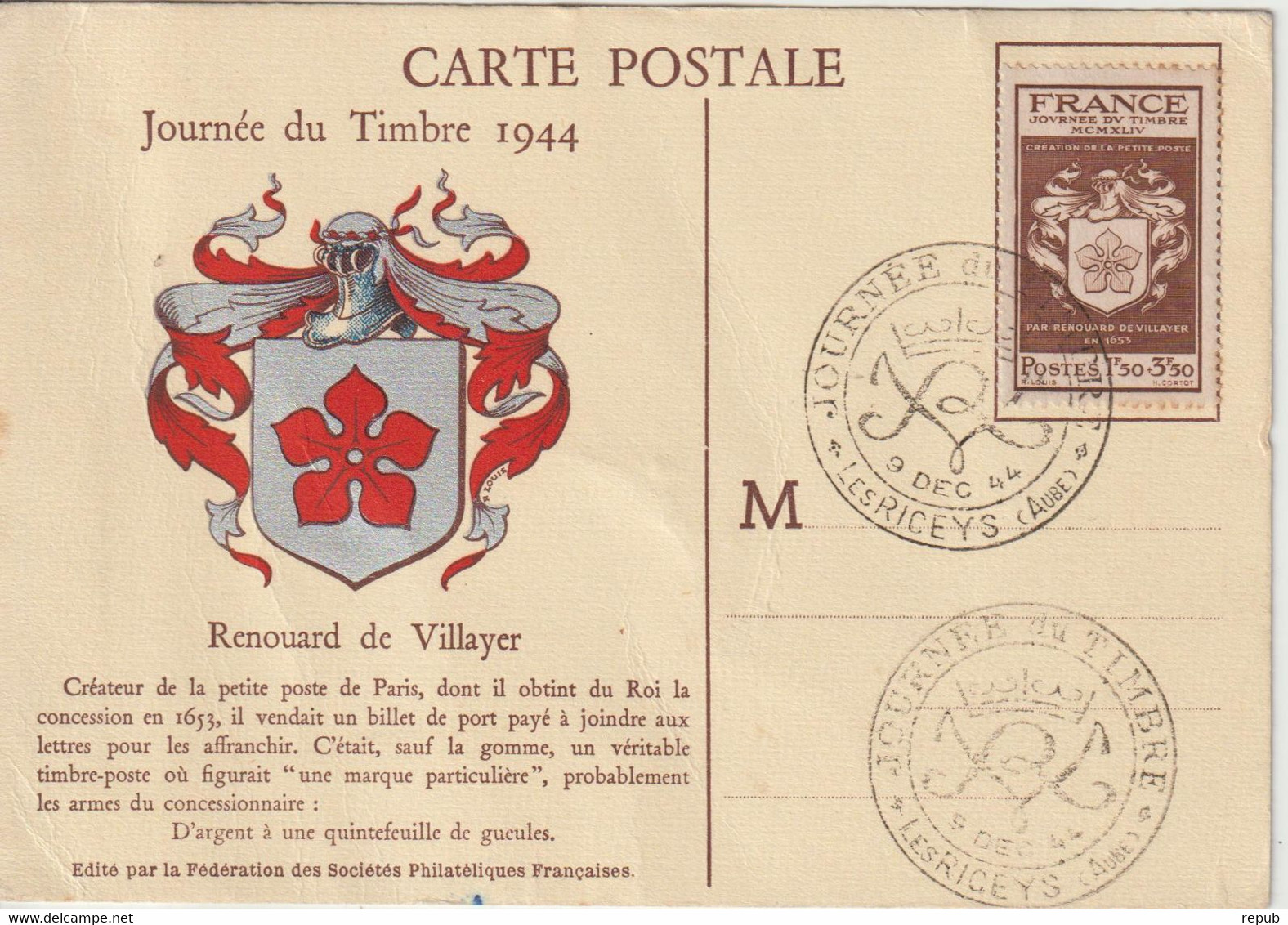 France Carte Maximum 1944 Journée Timbre 668 Les Riceys - 1940-1949