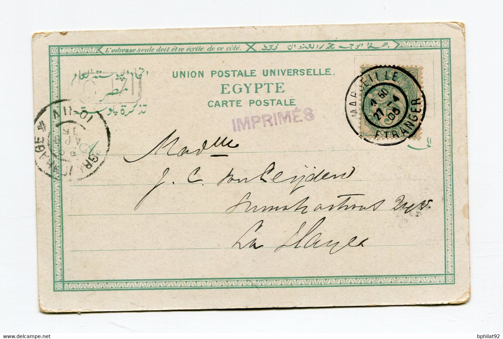 !!! TYPE BLANC DE FRANCE UTILISE A PORT SAID, SUR CPA DE 1905, TARIF IMPRIMES - Cartas & Documentos