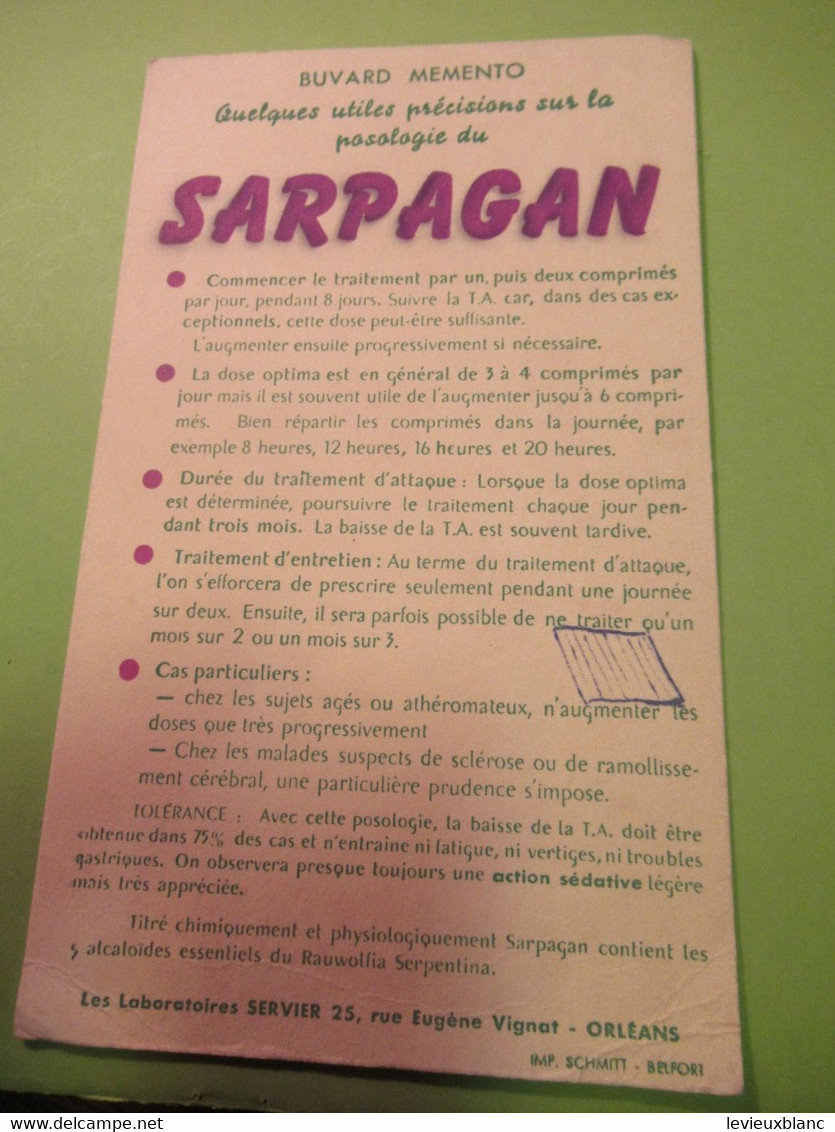 Buvard Ancien /Pharmacie//SARPAGAN /Les Laboratoires SERVIER/ Orléans//Vers 1950-70        BUV591 - Drogerie & Apotheke