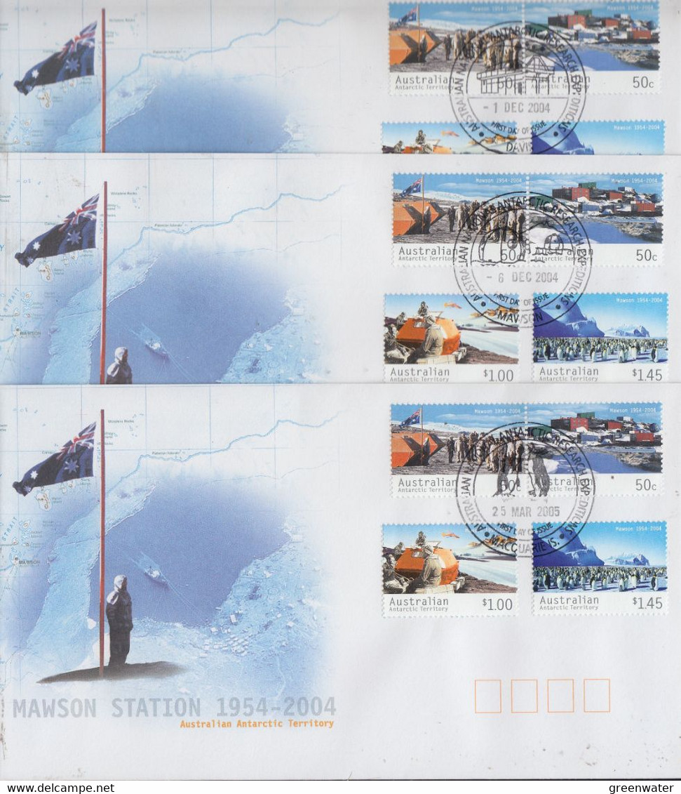 AAT  2004 50th Ann. Mawson Station  4v 5 FDC (Davis,Mawson, Macquerie Casey,Kingston) (XC167) - FDC