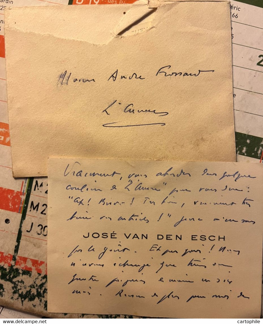 Autographe Sur CDV De L'essayiste Belge José Van Den Esch 1951 Pour André Frossard Ecrivain Académicien - Manuscripts