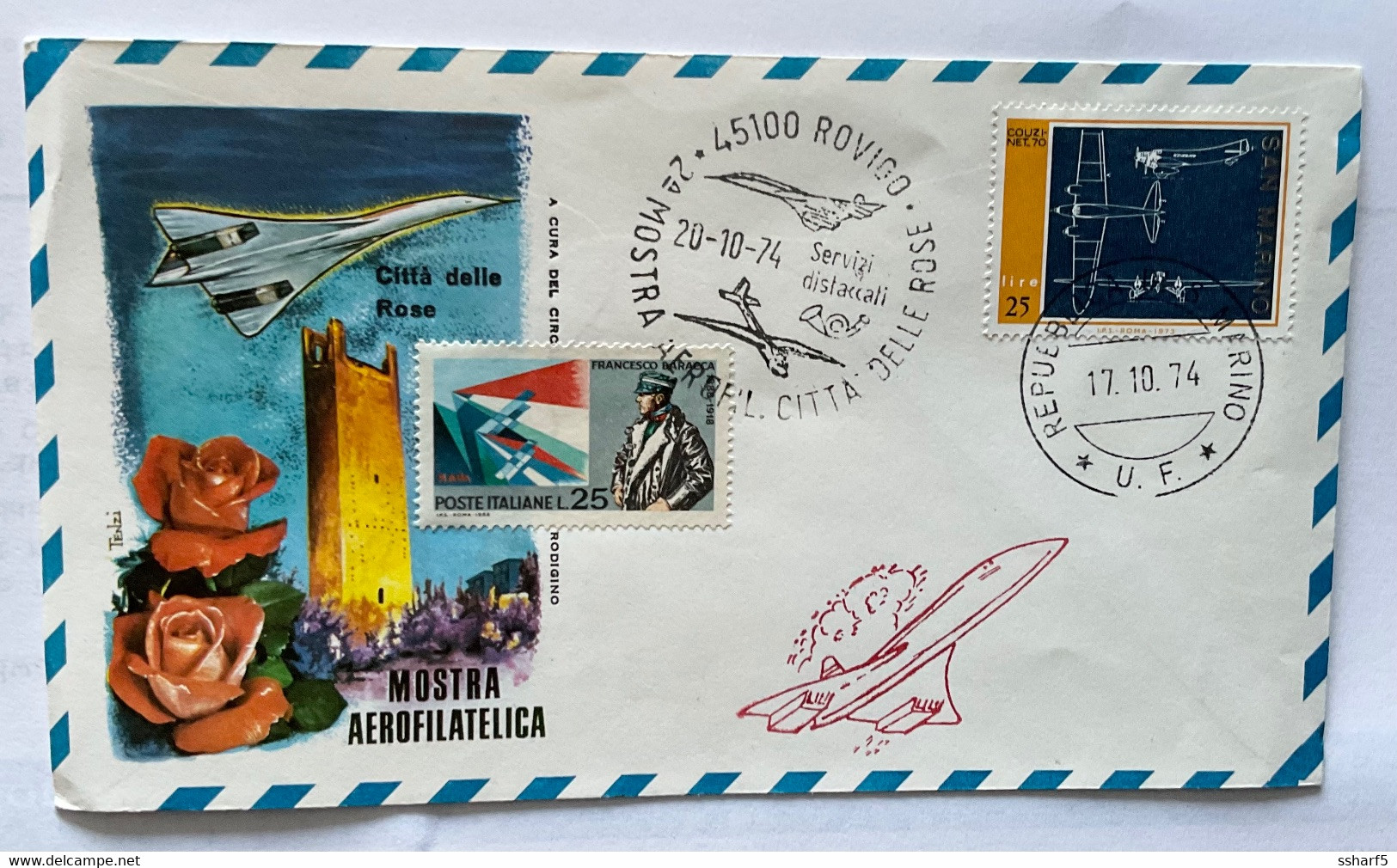 1974 San Marino - 2a Mostra Aerofilatelica Citta Delle Rose Rovigo Annullo Concorde - Briefe U. Dokumente