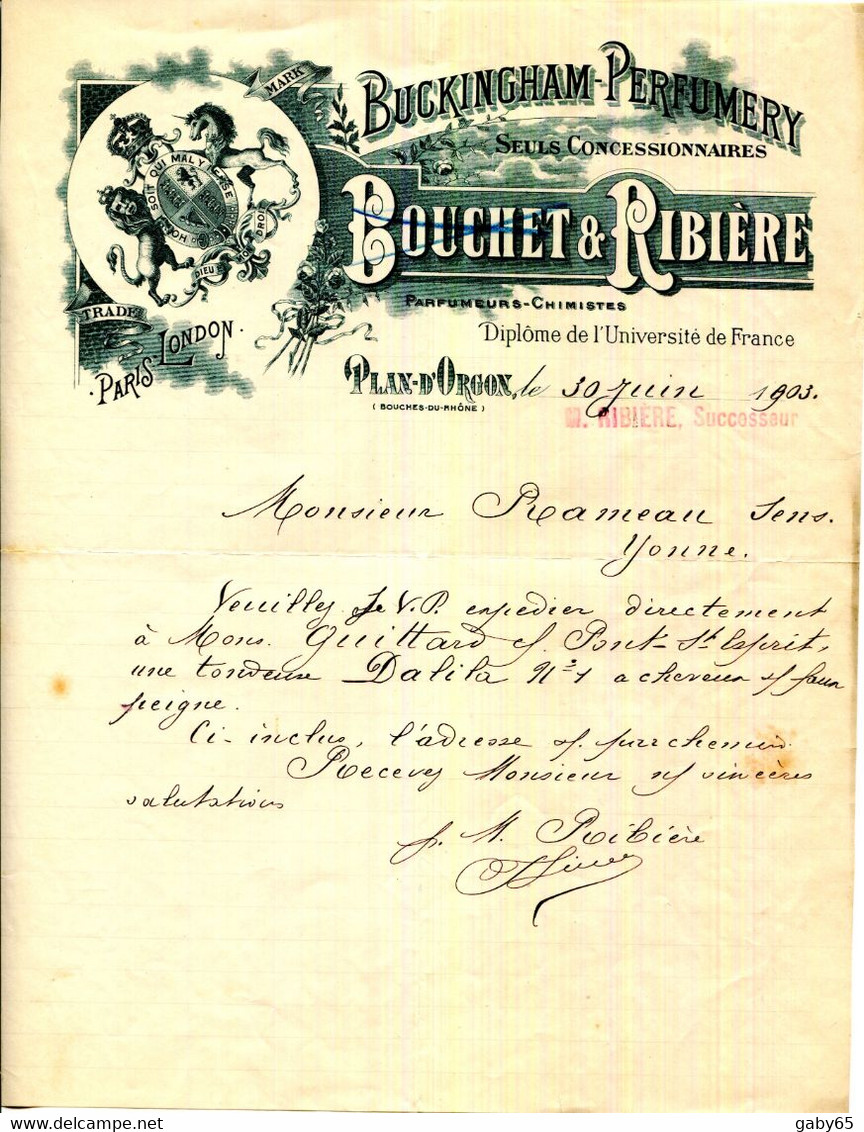 FACTURE.13.PLAN D'ORGON.BOUCHET & RIBIERE PARFUMEURS-CHIMISTES.CONCESSIONNAIRES DE BUCKINGHAM-PERFUMERY. - Perfumería & Droguería