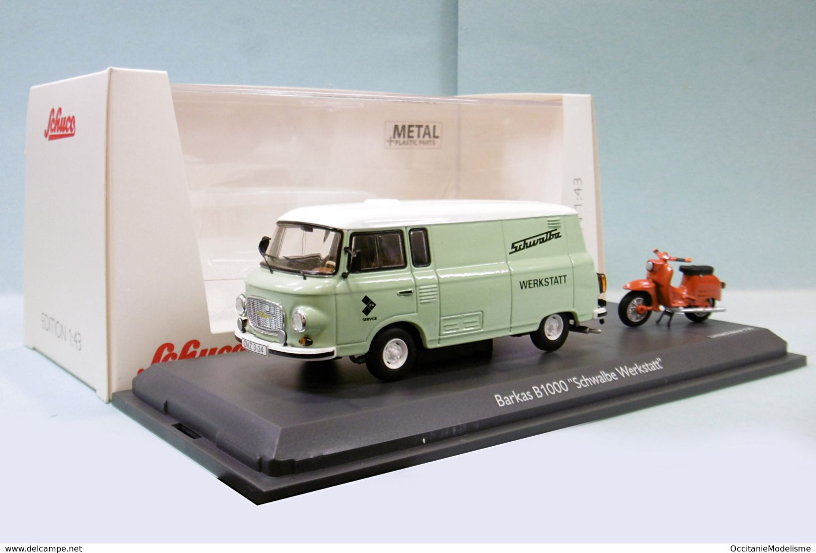 Schuco - Camion BARKAS B1000 + Scooter Schwalbe Werkstatt Réf. 450365400 NBO Neuf 1/43 - Schuco