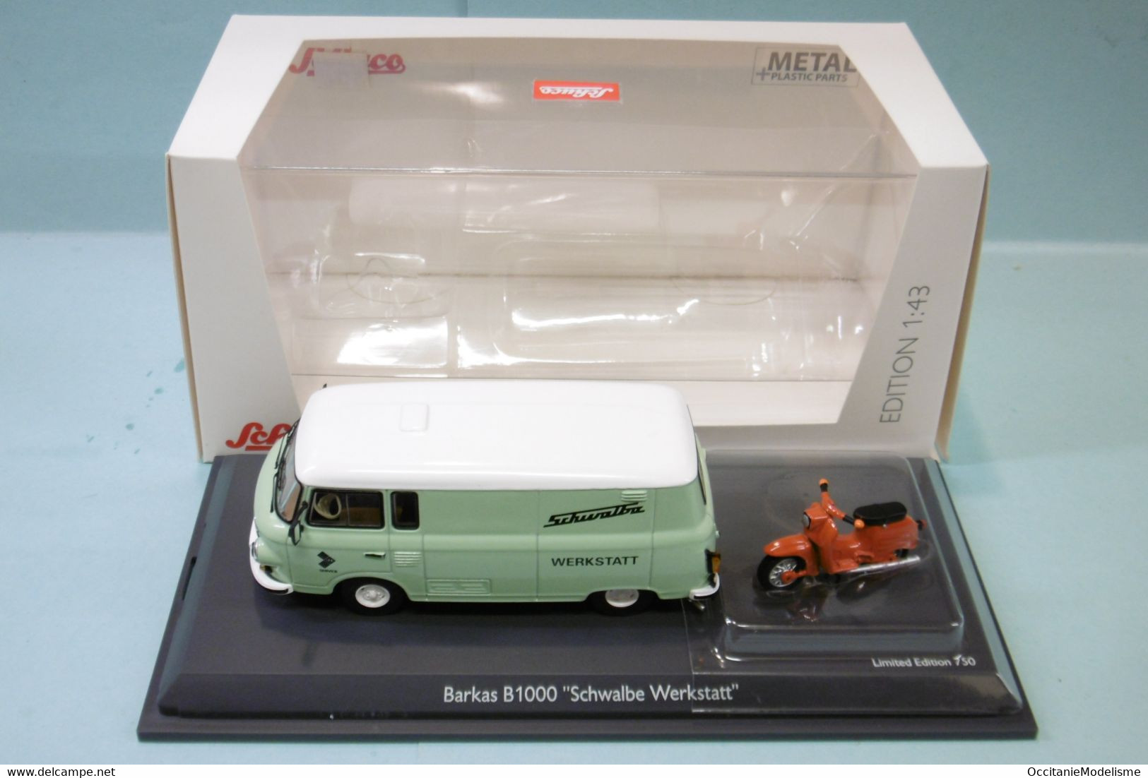 Schuco - Camion BARKAS B1000 + Scooter Schwalbe Werkstatt Réf. 450365400 NBO Neuf 1/43 - Schuco