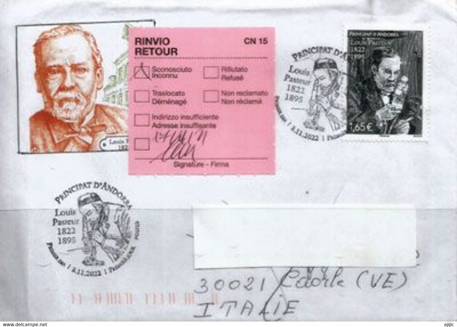 ANDORRA. 200 Ième Anniversaire Naissance Louis Pasteur, Lettre FDC Adressée En Italie & Return To Sender - Louis Pasteur