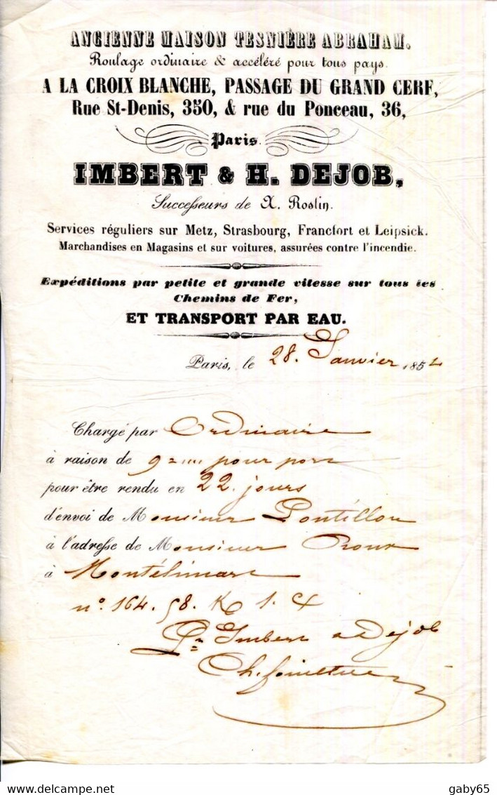 FACTURE.PARIS.ROULAGE ORDINAIRE & ACCELERE.TRANSPORT PAR CHEMINS DE FER & EAU.IMBERT & DEJOB.POUR ROUX MONTELIMAR. - Verkehr & Transport