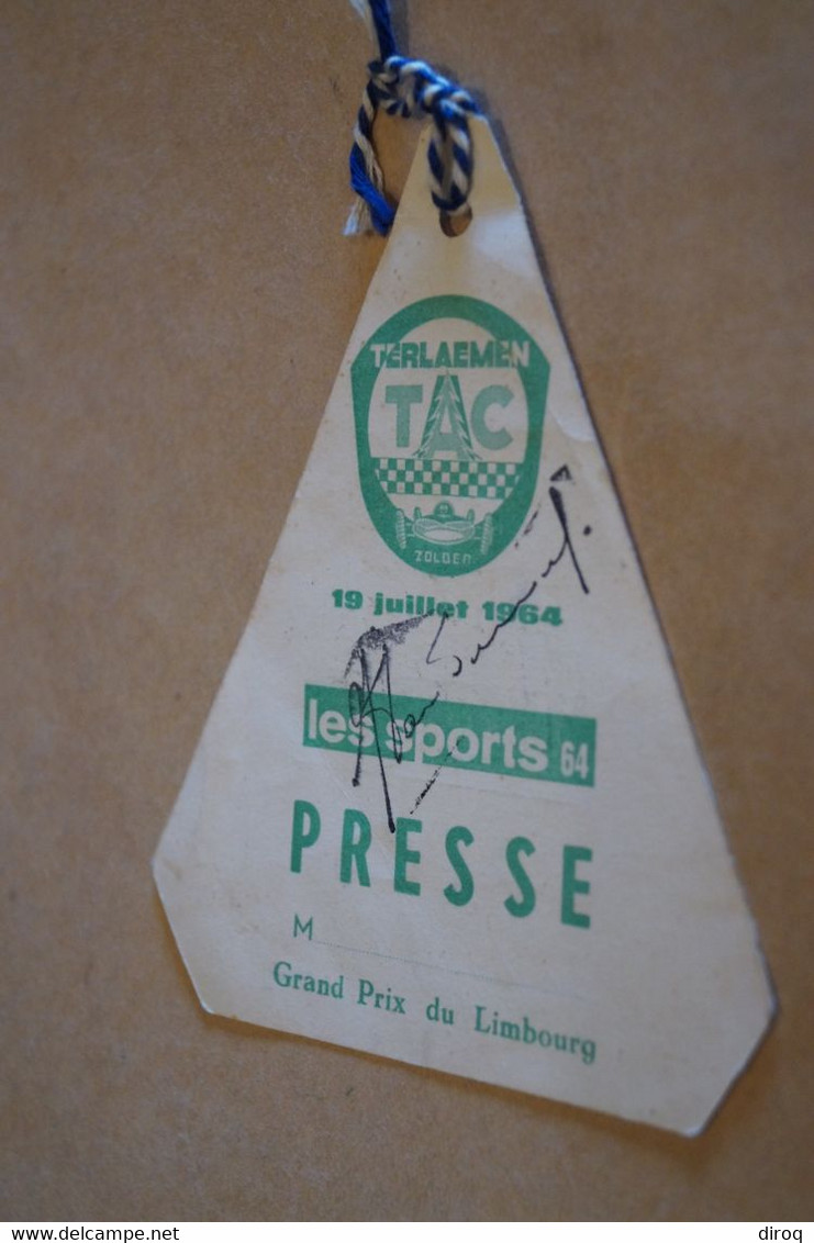 Ancien Laisser Passer De Presse,Circuit De Zolder,grand Prix Du Limbourg 1964 ,pour Collection - Sonstige & Ohne Zuordnung