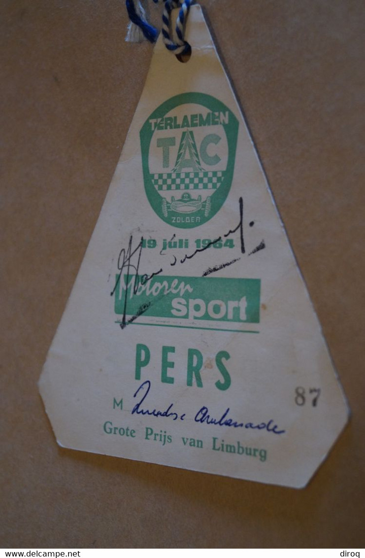 Ancien Laisser Passer De Presse,Circuit De Zolder,grand Prix Du Limbourg 1964 ,pour Collection - Otros & Sin Clasificación