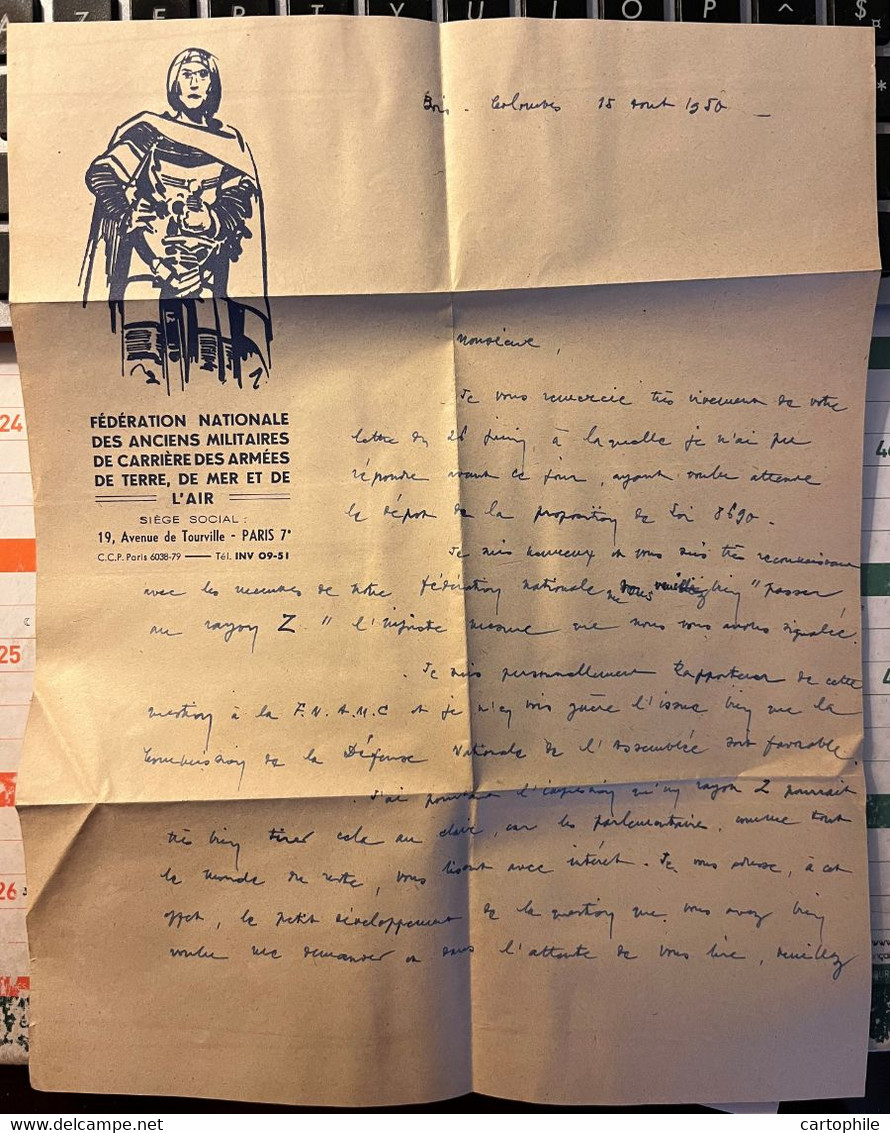 Federation Nationale Des Anciens Militaires De Carrière - Courrier 1950 - Mr Peraldi Pour Andre Frossard - Manuscrits