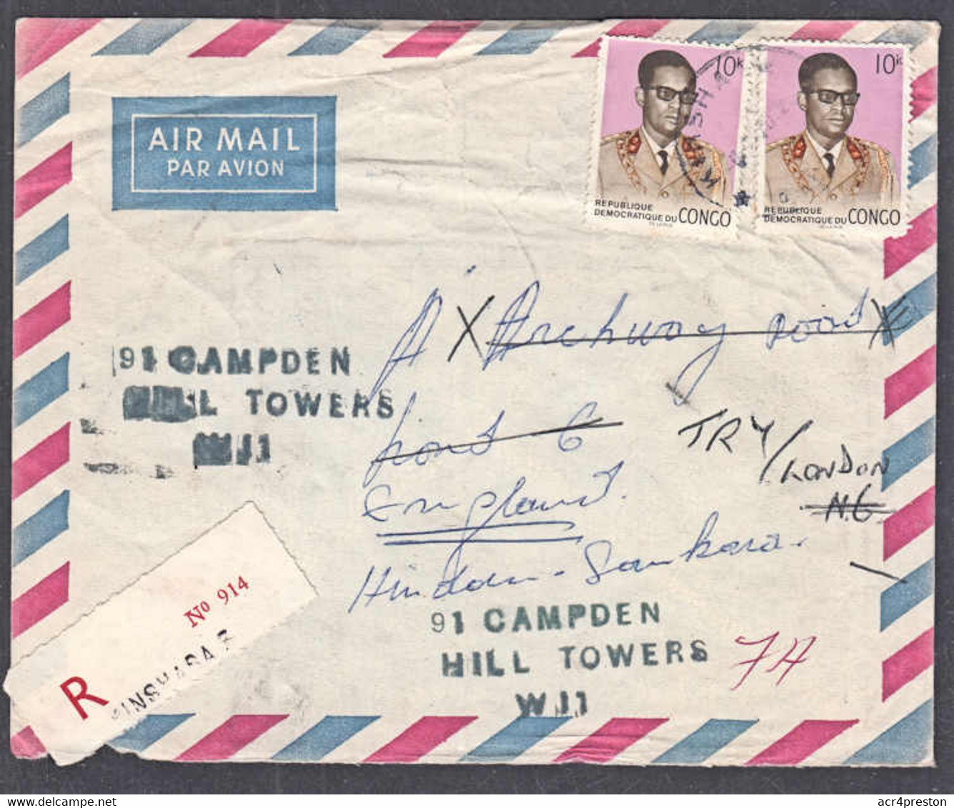 Ca0489  CONGO (Kin),  Mobutu Stamps On Registered Kinshasa Cover To England - Lettres & Documents