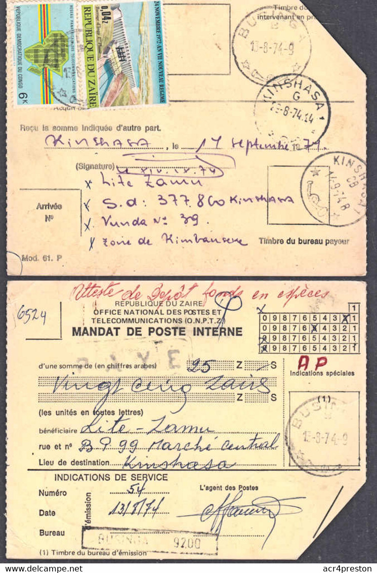 Cb5008 ZAIRE 1974, Inga Dam & Telecom Stamps On Businga Mandat - Brieven En Documenten