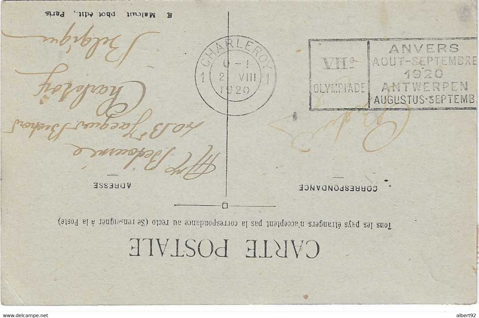 1920 Jeux Olympiques D'Anvers: Bureau Postal De Charleroy (en Arrivée) - Sommer 1920: Antwerpen