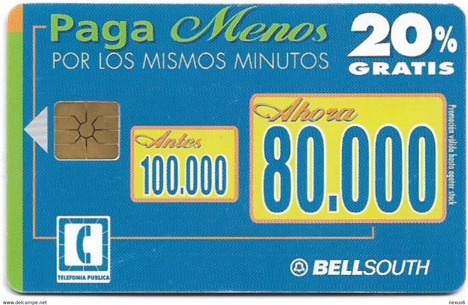 Ecuador - Bell South - Pagá Menos, 20% Gratis, Gem1B Not Symm. White/Gold, 80.000Sucre, Used - Ecuador