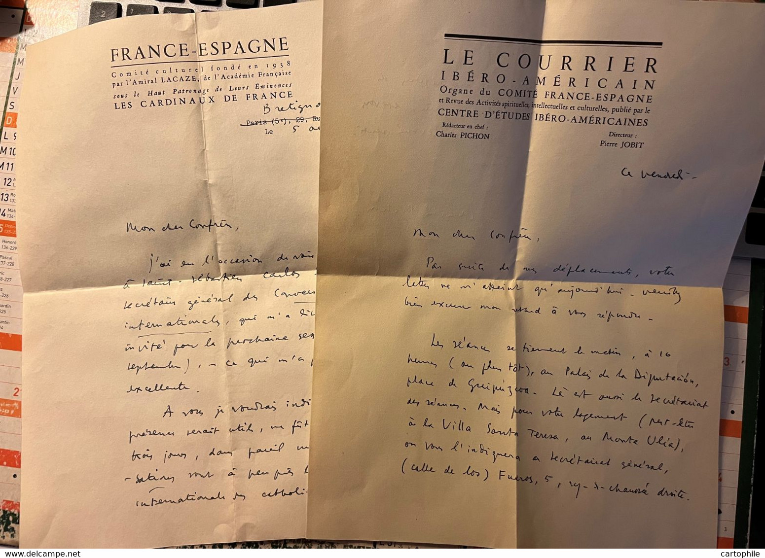 Autographe De Charles Pichon - Courrier Ibero Americain Comite France Espagne 1957 Esperanto Religion Papauté Vatican - Manuscrits