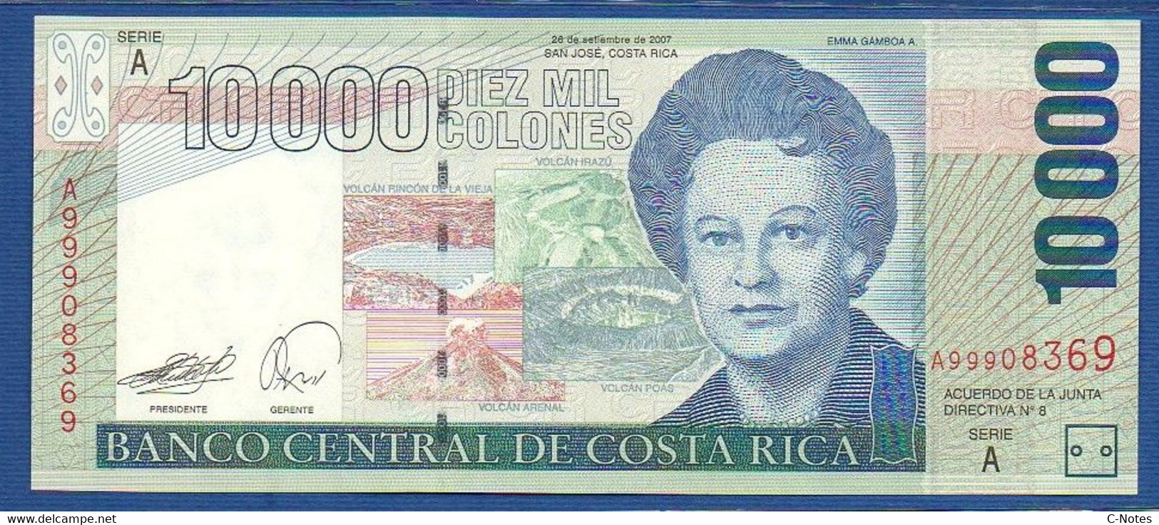 COSTA RICA - P.267e – 10000 Colones 26.09.2007 UNC Serie A99908369 - Costa Rica