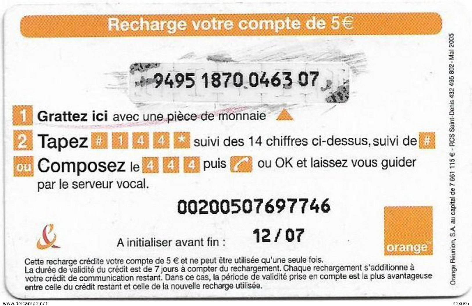 Reunion - Orange - Sakifo Musik Festival, Exp.12.2007, GSM Refill 5€, Used - Reunion