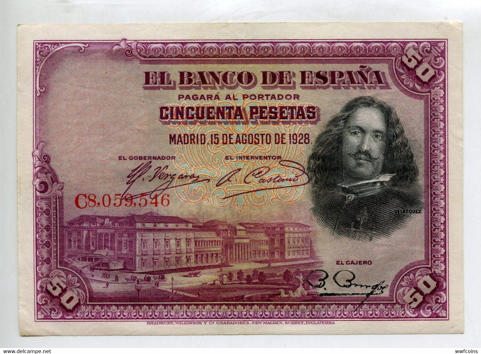 SPAGNA 50 P 1928 PESETAS MADRID VELAZQUEZ PALAZZO GUERRIERI ALLA GUERRA - 50 Pesetas