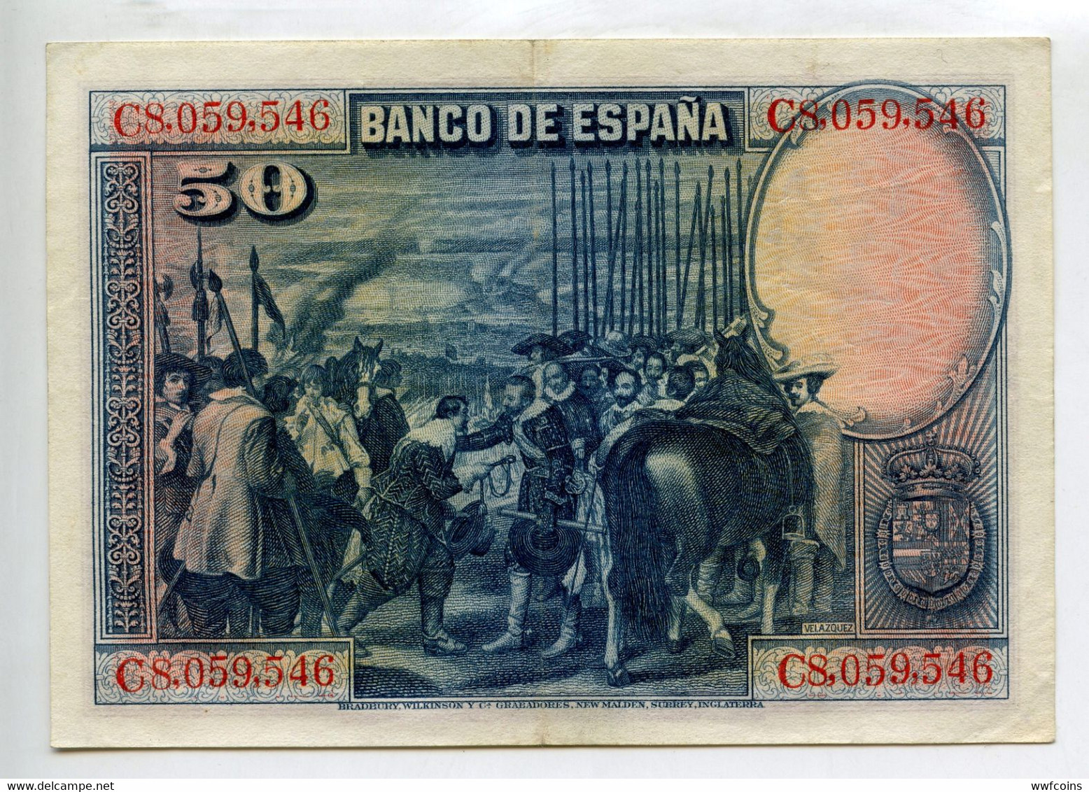 SPAGNA 50 P 1928 PESETAS MADRID VELAZQUEZ PALAZZO GUERRIERI ALLA GUERRA - 50 Pesetas