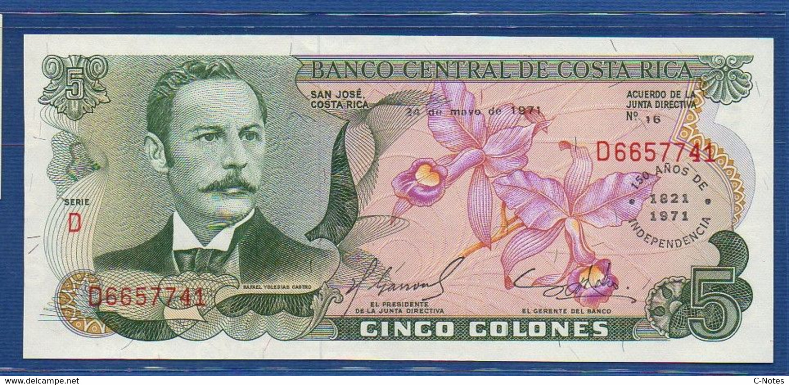 COSTA RICA - P.241 – 5 Colones 1971 UNC Serie D6657741 - "150 Years Of Independence" Commemorative Issue - Costa Rica