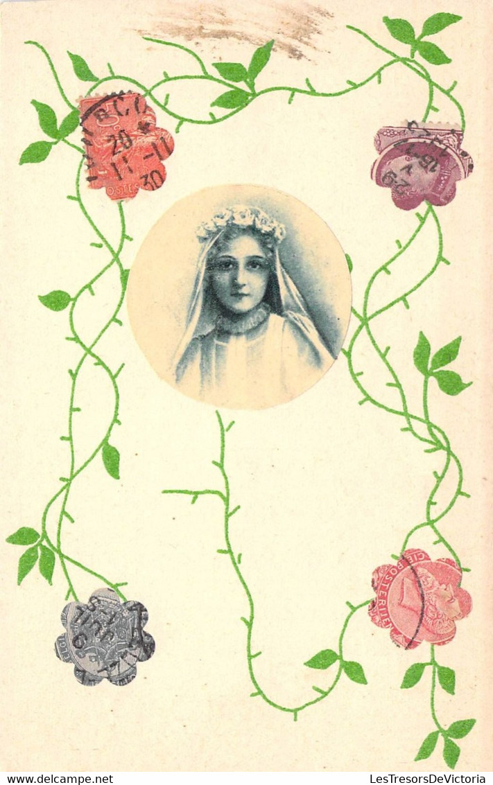 Représentation De Timbres - Fleur - Colorisé - Portrait Femme Mariée - Carte Postale Ancienne - Timbres (représentations)