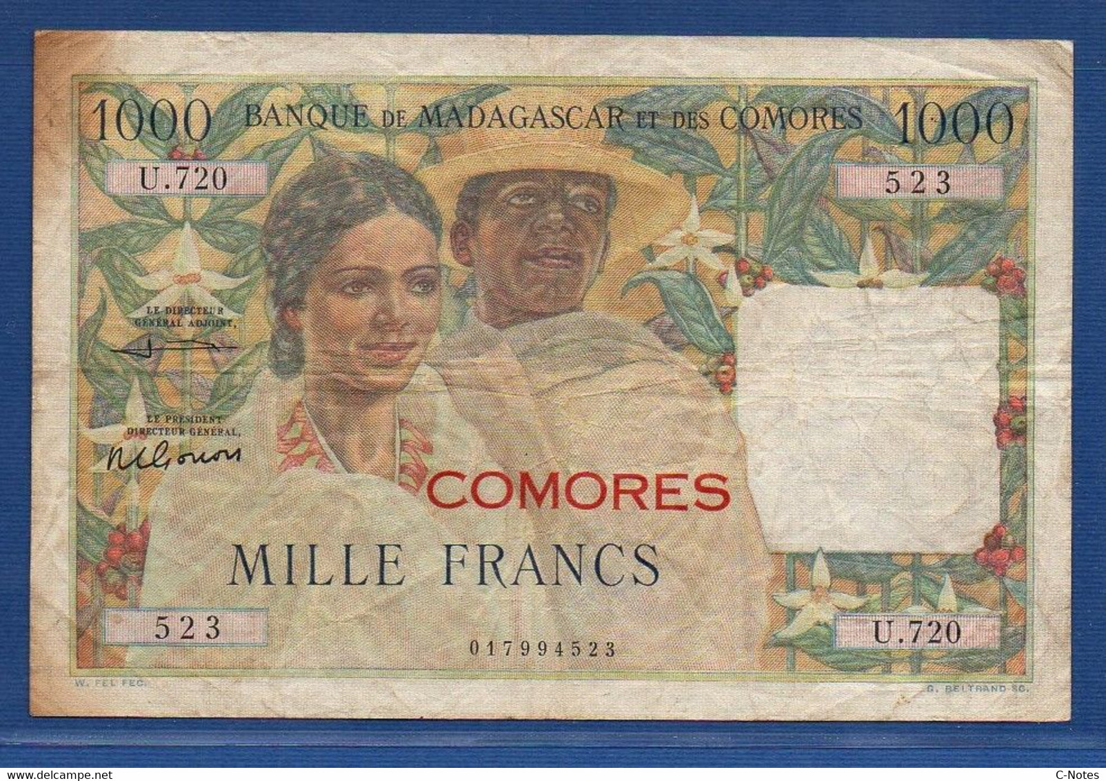 COMOROS - P. 5b2 – 1000 Francs 1963 Circulated / F+, Serie U.720 523 - Comoros