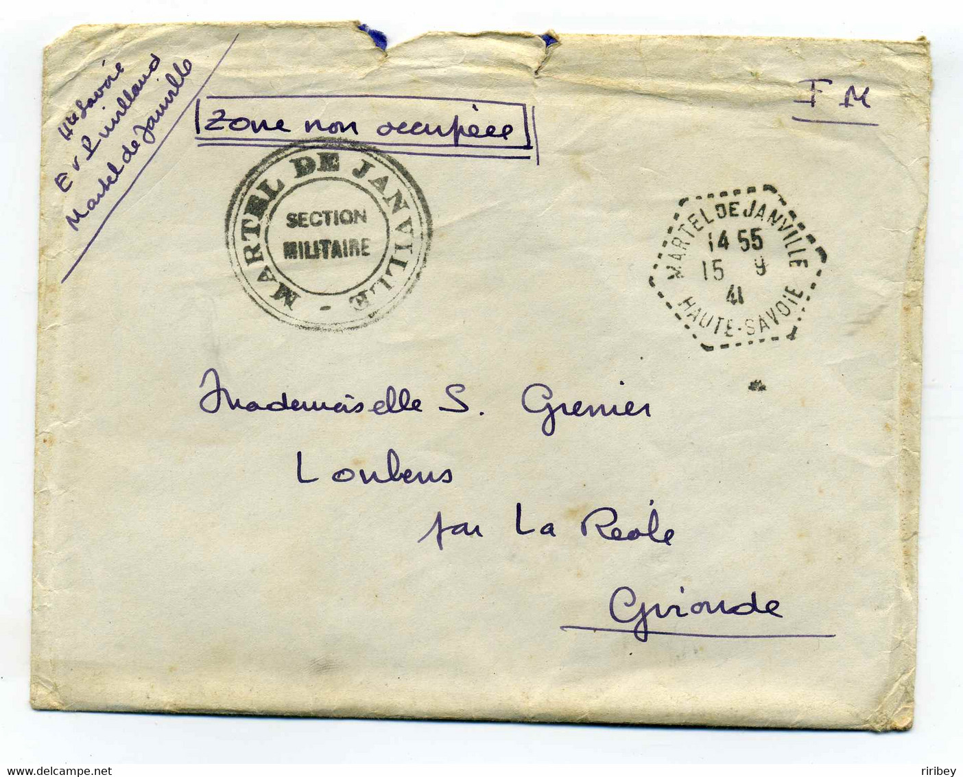 MARTEL DE JANVILLE Section Militaire / Dept De HAUTE SAVOIE / 1941 / ZONE NON OCCUPEE / Lettre FM - Guerre De 1939-45