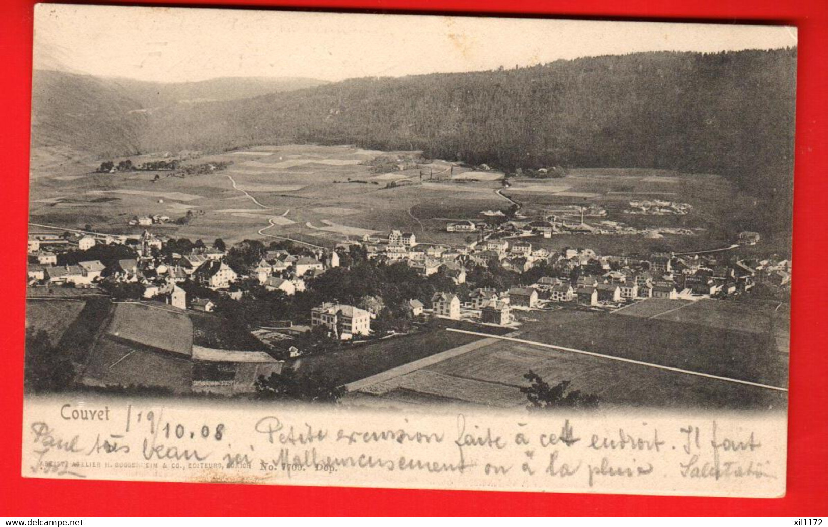 DAI-18  Couvet Vue Générale. Cachet COUVET Linéaire. + Régional Val De Travers 1908 Pour Mulhouse - Couvet