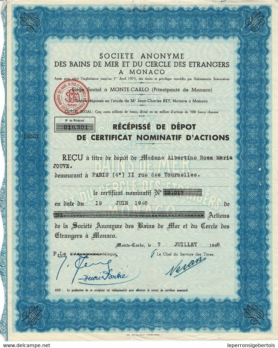 - Titre De 1948 - Société Anonyme Des Bains De Mer Et Du Cercle Des Etrangers à Monaco - - Tourisme