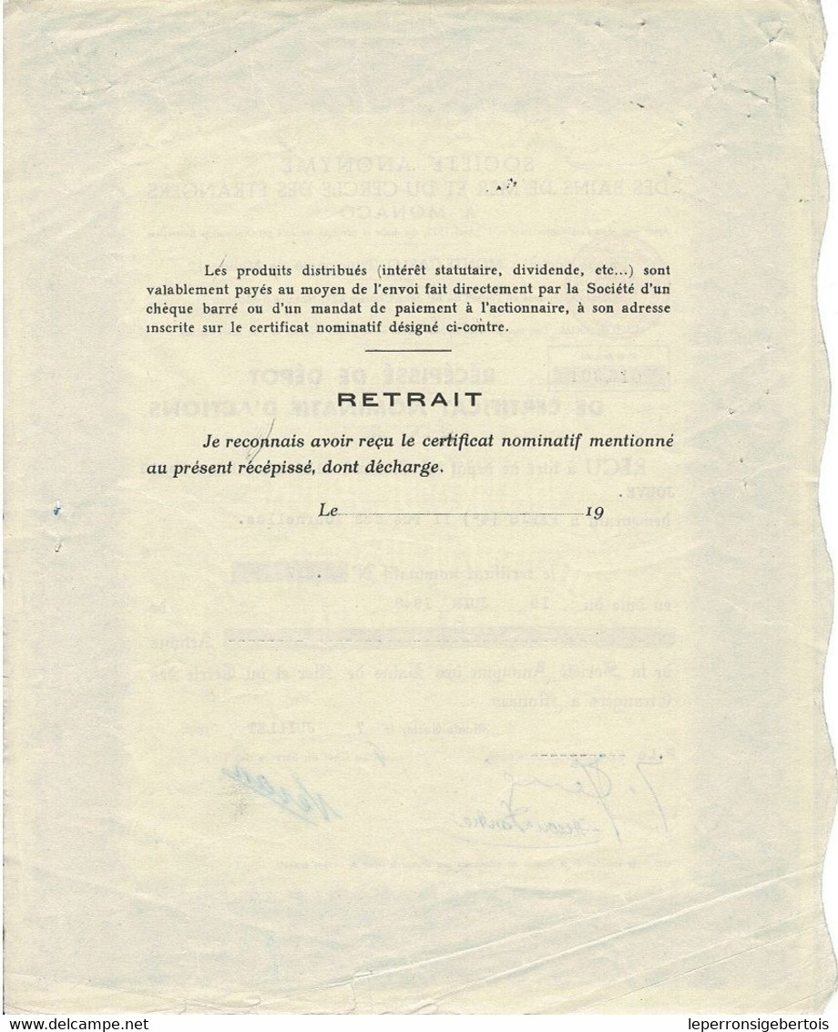 - Titre De 1948 - Société Anonyme Des Bains De Mer Et Du Cercle Des Etrangers à Monaco - - Tourisme