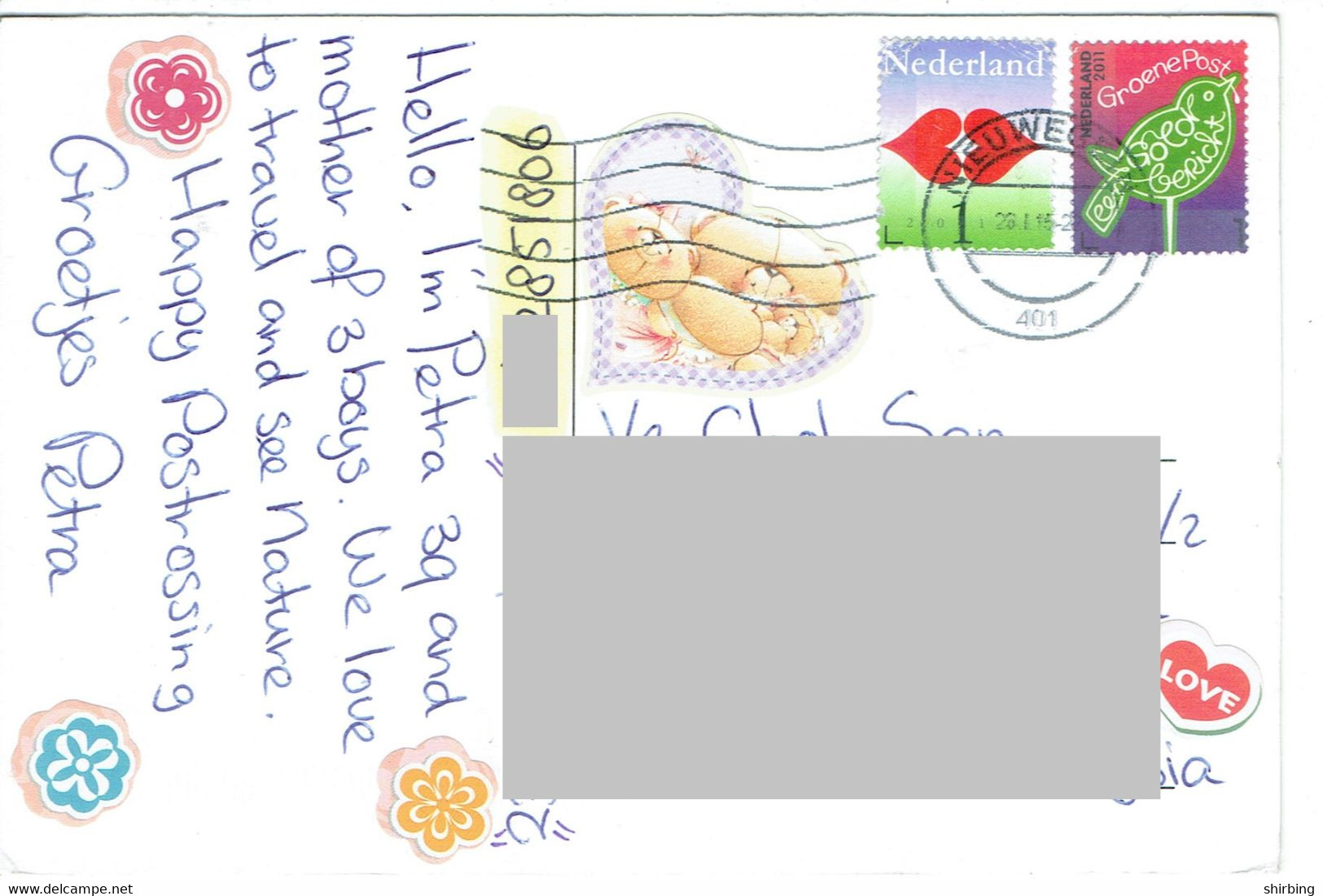 C7  - Netherland - Bird, Love Hearts Stamps Used On Postcard - Cartas & Documentos