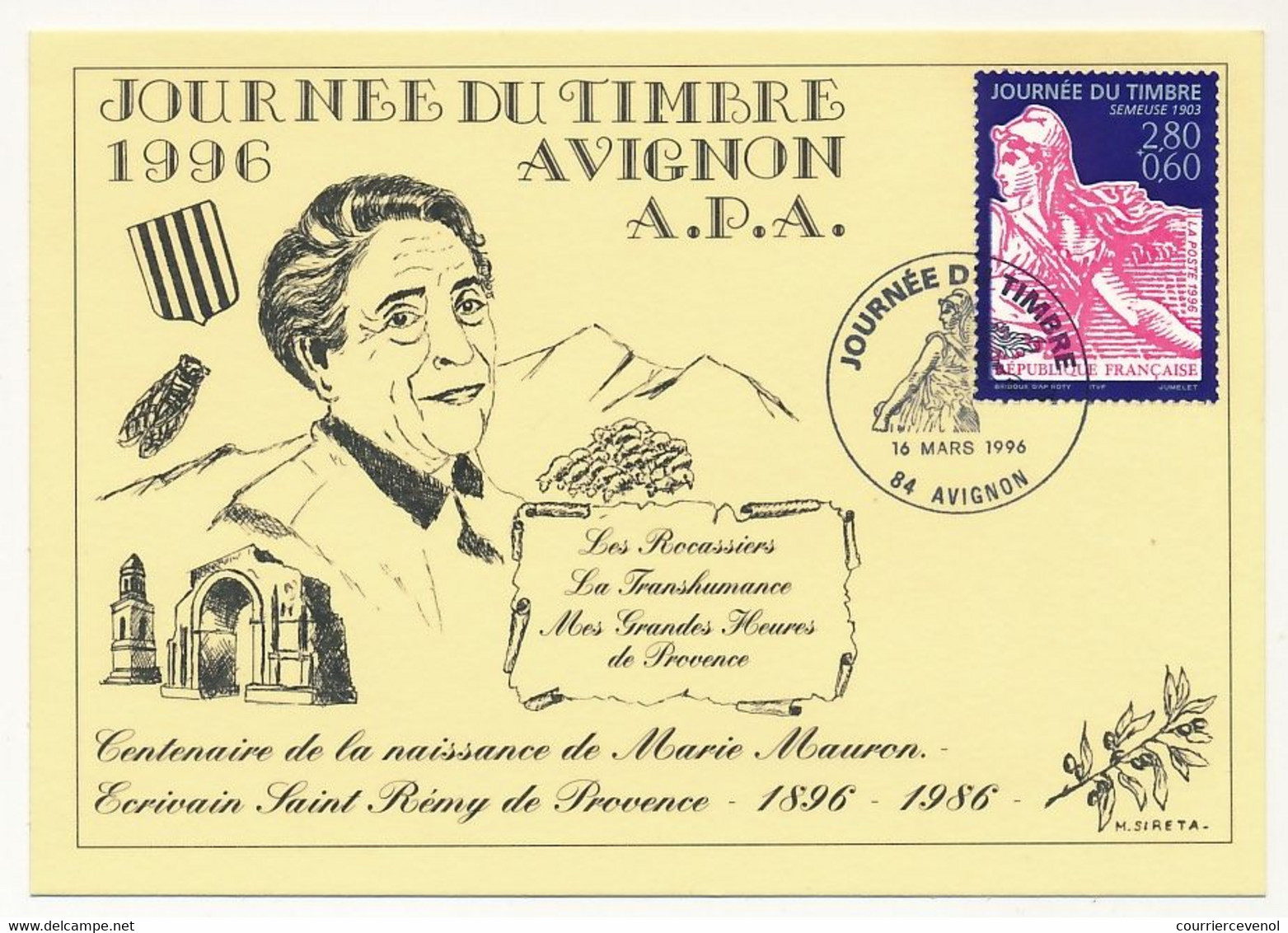 FRANCE => Carte Locale Marie Mauron - Journée Du Timbre 1996 (Semeuse) - AVIGNON - 16 Mars 1996 - Briefe U. Dokumente