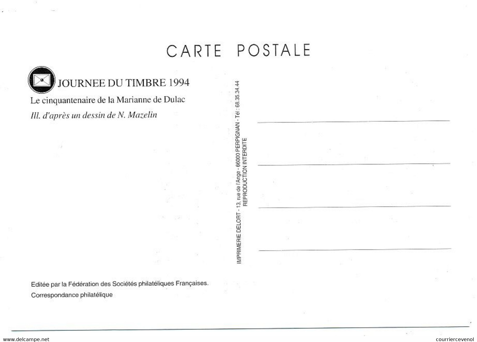 FRANCE - Carte Maximum Fédérale - Journée Du Timbre 1994 La Marianne De Dulac - 12/3/1994 AVIGNON - 1990-1999