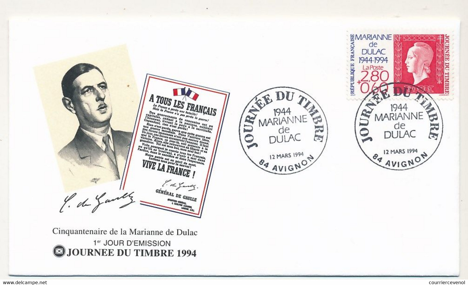 FRANCE - Enveloppe FDC Fédérale - Journée Du Timbre 1994 2,80 + 0,60 Marianne De Dulac - 12/3/1994 AVIGNON - Stamp's Day