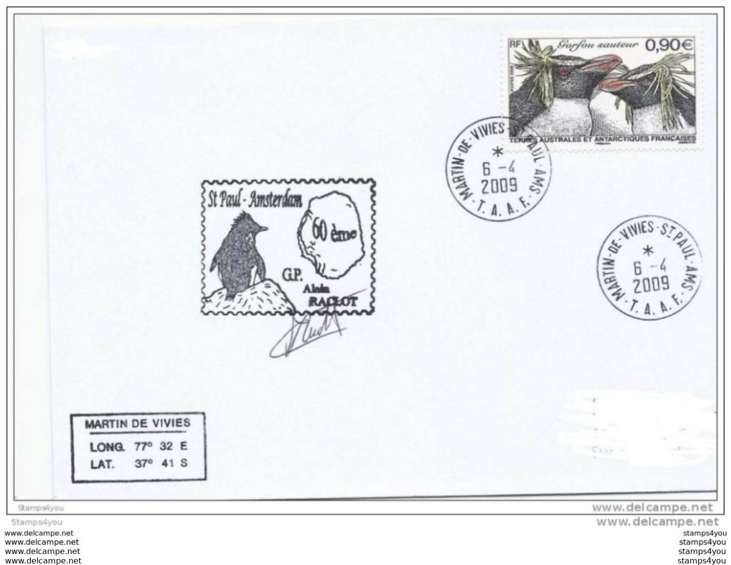 31-79 - Enveloppe De St Paul Amsterdam - Docteur 60ème Mission 2009 - Faune Antarctique