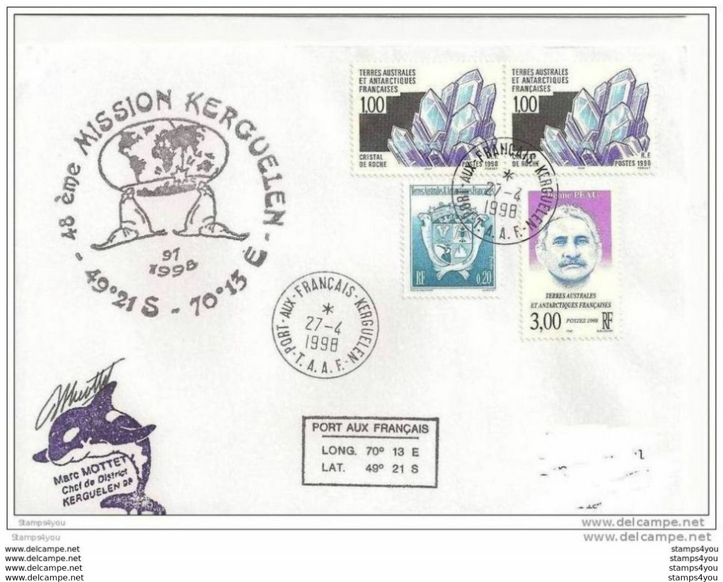 47 - 79 - Lettre Kerguelen  - 48e Mission - Cachet Chef De District 1998 - 2 Timbres Minéraux - Minéraux