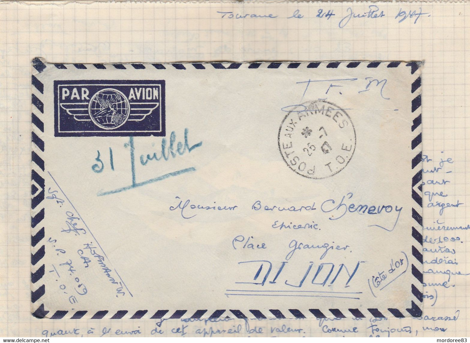 LETTRE AVION FM POSTE AUX ARMEES T.O.E / TOURANE 25/7/47 / SP 74059 POUR DIJON - Guerra D'Indocina/Vietnam