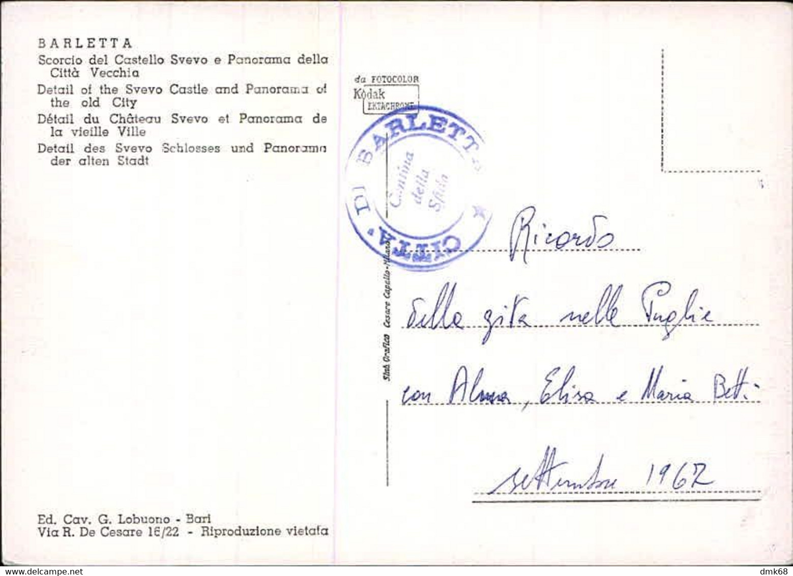 BARLETTA - SCORCIO DEL CASTELLO SVEVO E PANORAMA DELLA CITTA' VECCHIA - EDIZ. LOBUONO - 1970s (14410) - Barletta