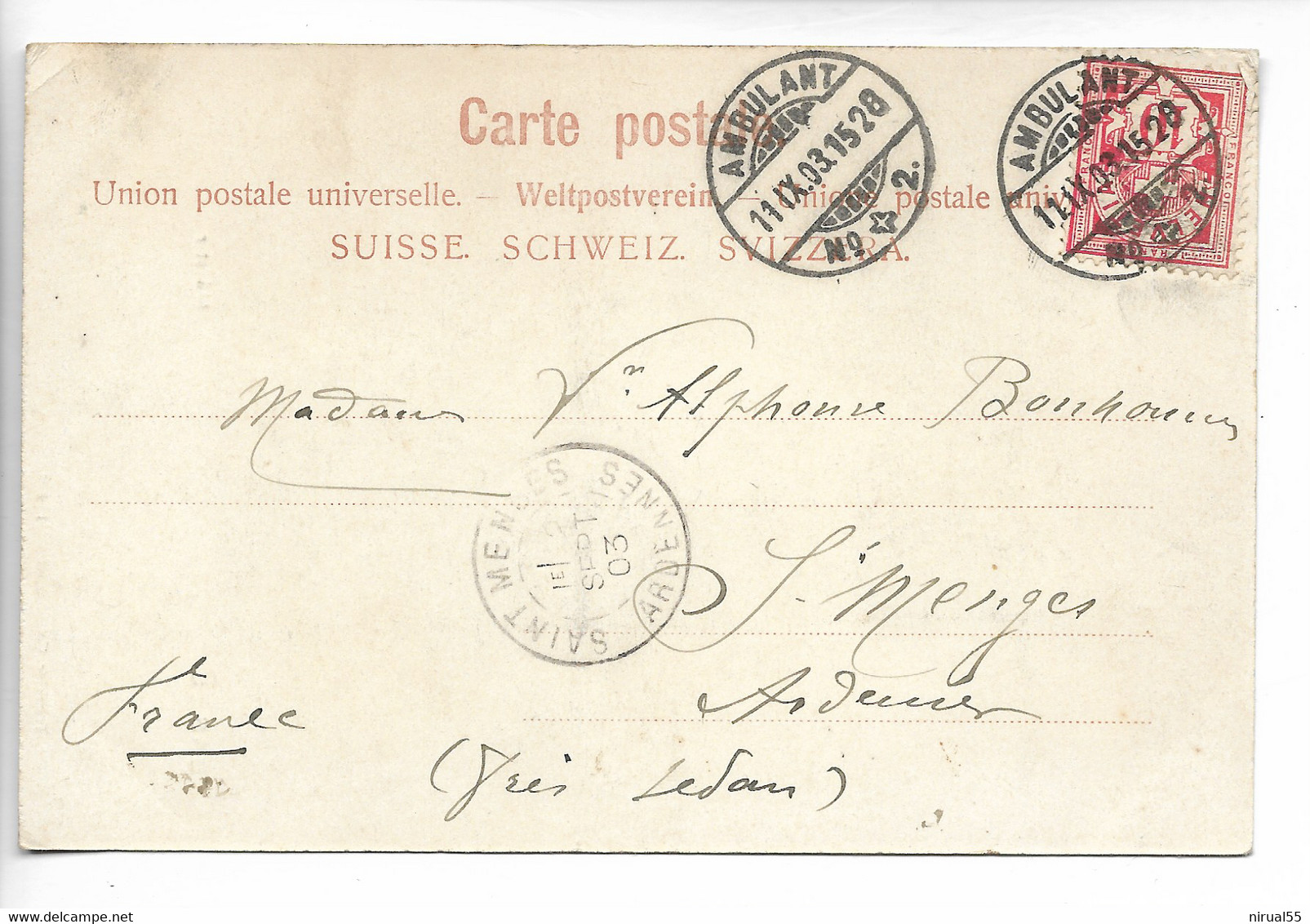 SUISSE Ferroviaire Sur Cpa BASEL Cachet Ambulant N° 2 Sur 10c Pour La France 1903   ...G - Bahnwesen