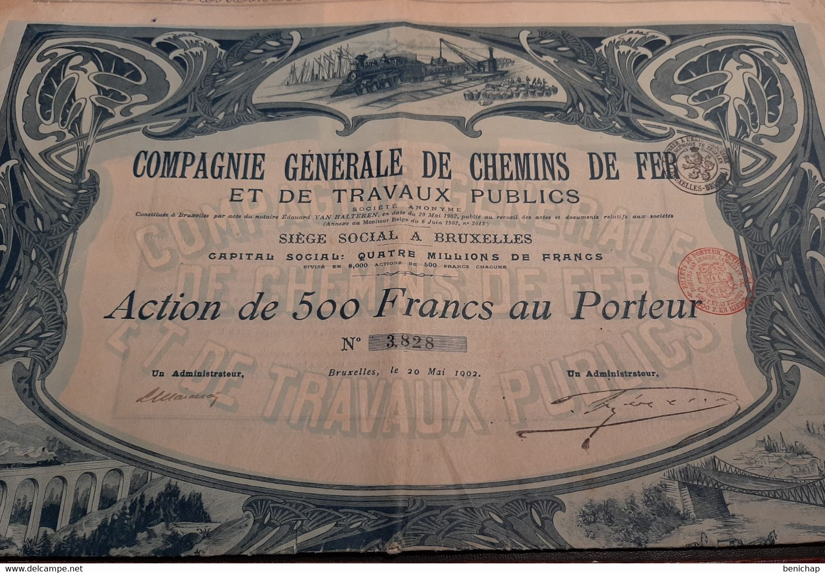 Compagnie Générale De Chemins De Fer Et De Travaux Publics - Action De 500 Frs. Au Porteur - Bruxelles 1902. - Ferrocarril & Tranvías