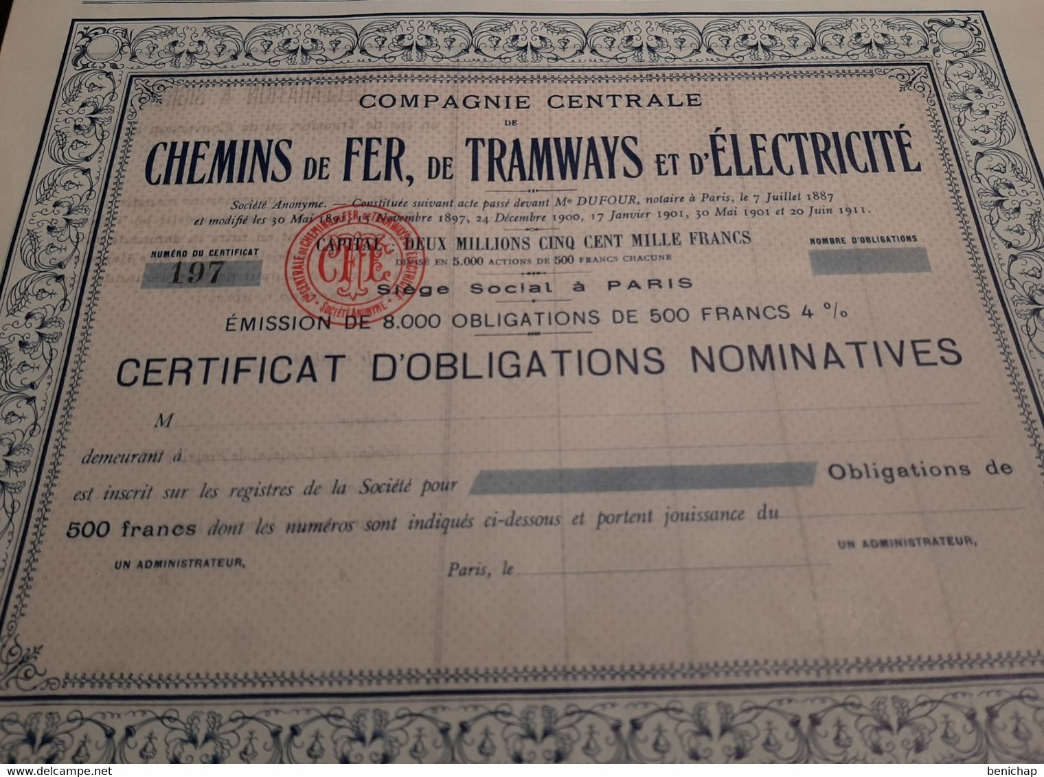 Compagnie Centrale De Chemins De Fer, De Tramways Et D'Electricité - Certificat D'Obligations Nominatives - Paris 1911. - Spoorwegen En Trams