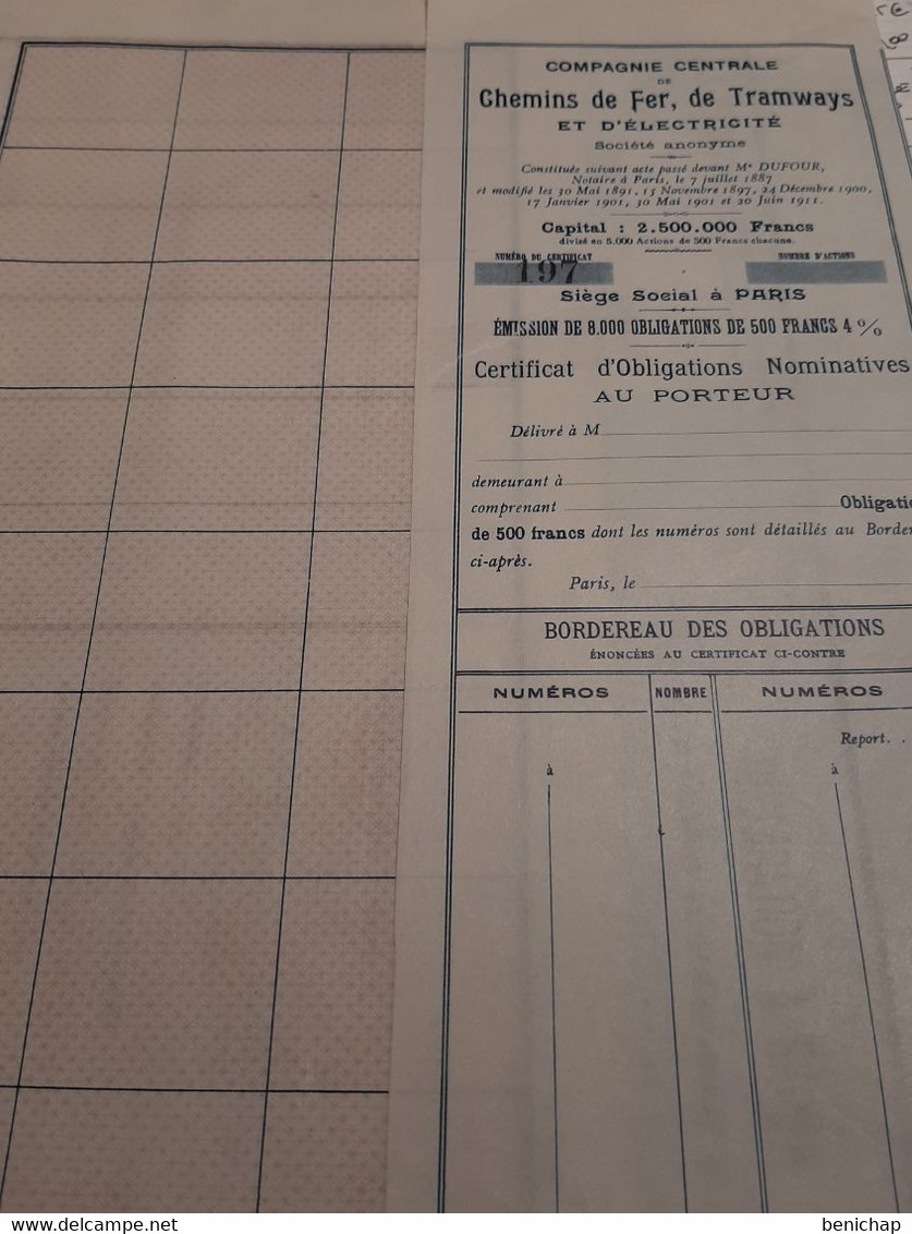 Compagnie Centrale De Chemins De Fer, De Tramways Et D'Electricité - Certificat D'Obligations Nominatives - Paris 1911. - Spoorwegen En Trams