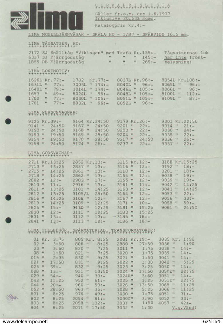 Catalogue LIMA 1977 CIRKAPRISLISTA SEK - ONLY PREISLISTE HO O N - En Suédois - Non Classés